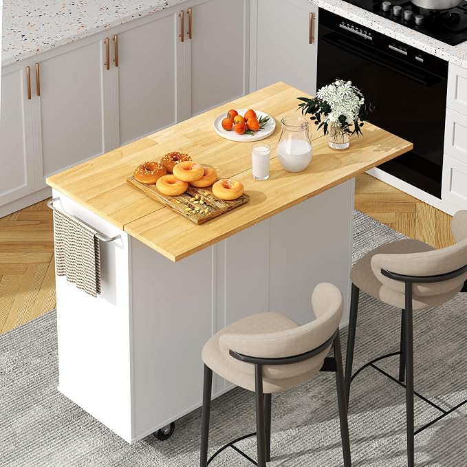 Shintenchi Kitchen Island with Folding Drop Leaf, Rolling Island Table with Storage, Kitchen Cabinet on Wheels with Seating Area for Kitchen, Bar Cart with Cabinet, White by Shintenchi%7CFurnitureMadeforRealLife