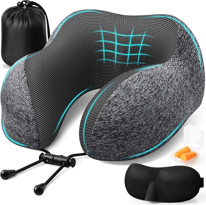 ExploreBliss Travel Pillow, Memory Foam Neck Pillow Airplane, Grey | Travel Pillows for Airplanes, Neck Pillow Airplane, Memory Foam Neck Pillow Set with Eye Mask, Earplugs by ExploreBliss