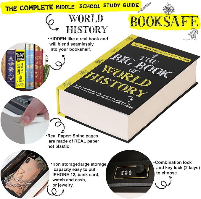 World History Book Safe with Real Pages, Student Secret Compartment Items Storage Box with 3-Digit Combination Lock, Decorative Hidden Stash Box, Desk Allowance Coin Bank, 9.3"x6.0"x2.3" - Image 4