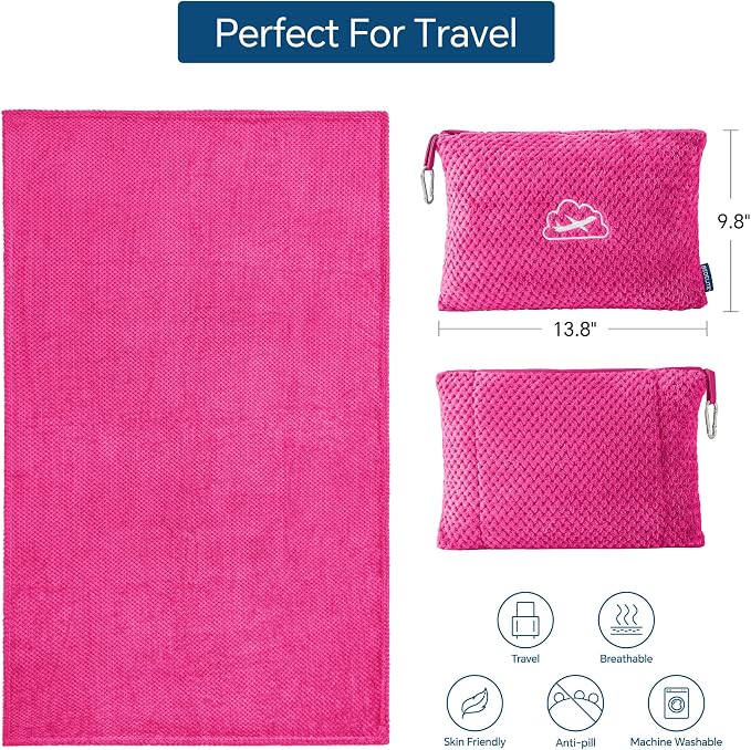BEDELITE Travel Blanket with Bag, Jacquard Fleece Blanket 65"x40", Hot Pink | Ultra-soft Airplane Blanket, Luggage Sleeve & Backpack Clip, Travel Essentials for Women, Foldable as Pillow for Long Flight - Image 3