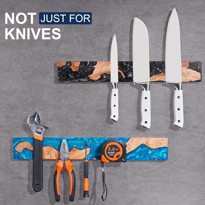 Magnetic Knife Holder for Wall 16 Inch, Acacia Burl Wood & Blue Resin Magnetic Knife Strip Bar, Powerful Magnet Kitchen Knife Storage Rack, Space-Saving Wall Mounted Organizer - Image 7