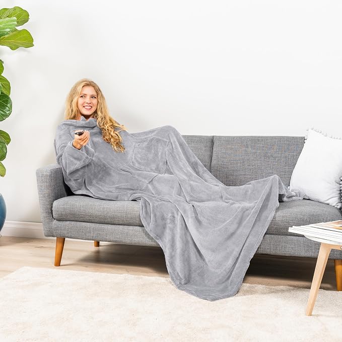 PAVILIA Blanket with Sleeves for Adult Women Men, Soft Warm Wearable Blanket Fleece Wrap Throw, Robe Blanket Gift - Image 4