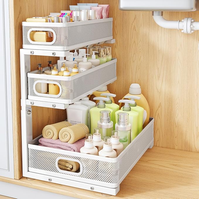 Under Sink Organizer, 3-Tier Thickened Metal Pull out Cabinet Organizer Shelf, Height Adjustable Slide out Storage Drawer Rack for Kitchen Bathroom Pantry Laundry Home Organization, 1-Pack, White | 35% Extra Storage Capacity, Carbon Steel, Hold Up 55lb... by HERJOY