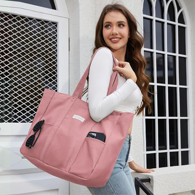 HOMESPON Large Canvas Tote Bag, Magnetic Work Laptop Pack for Women | Everything Bag, Multi Pockets, Internal Laptop Sleeve - Image 2