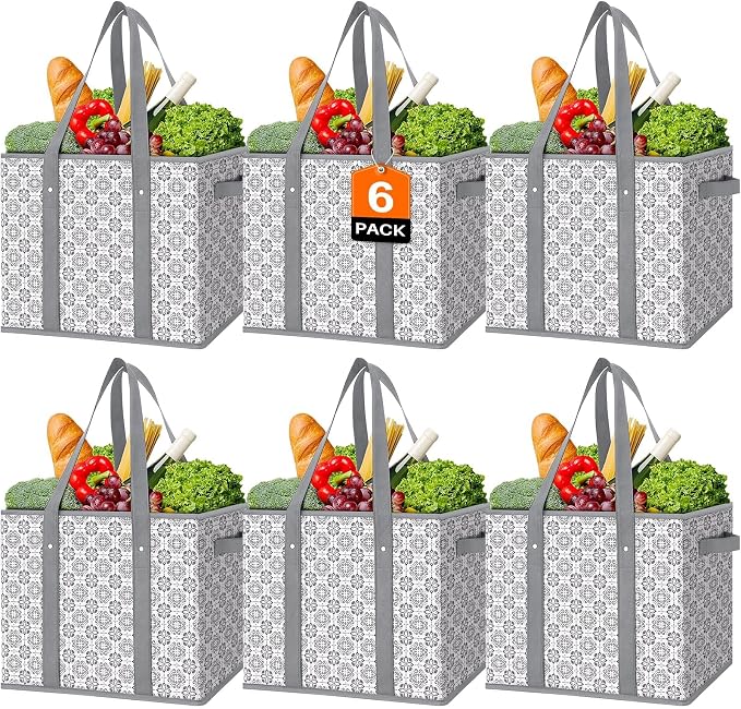 Reusable Grocery Bags 6 Pack, Foldable & Water Resistant Shopping Bags | Large Grocery Tote Bag Water Resistant Shopping Bags Foldable Grocery Bag for Clothes,Shoes and Picnic by WiseLife