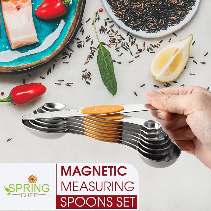 Spring Chef Stainless Steel Magnetic Measuring Spoons Set of 8, Mango | Nesting Teaspoon & Tablespoon Measuring Spoons w/ Leveler for Dry & Liquid Ingredients, Measure Spoons For Baking & Cooking - Image 2