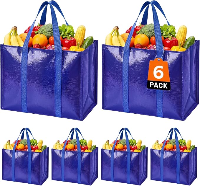 Reusable Grocery Bags, Waterproof & Foldable Shopping Bags Stand Upright | Heavy Duty Shopping Tote Bags, Waterproof & Foldable with Long Handles for Bulk Shopping, Versatile Storage 6 Pack-42L by WiseLife
