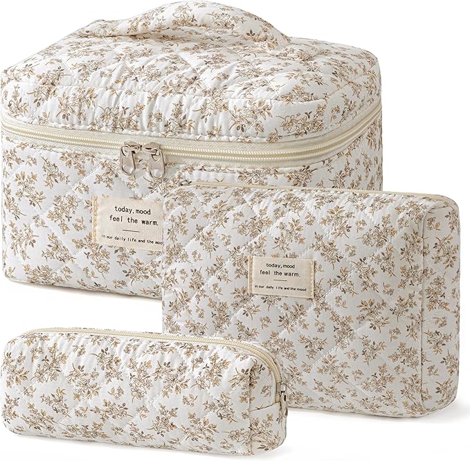 HBselect Quilted Makeup Bag, 3Pcs Cotton Large Travel Makeup Bags Organizer | Cute Floral Make up Bag Cosmetic Bag Toiletry Bag for Women Girls, Makeup Pouch for Skincare, Brushes & Travel Essentials by HBselect