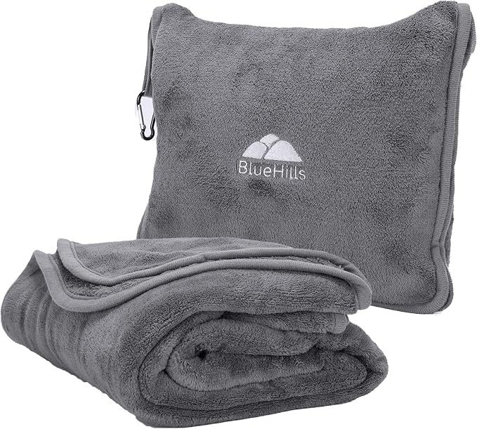 BlueHills Premium Soft Long Travel Blanket Pillow Airplane Large Size Gray | 70 X 48 Large Travel Blanket, Soft Bag Pillowcase, Hand Luggage Belt & Backpack Clip, Long Flight Essentials, Travel Gifts by BlueHills
