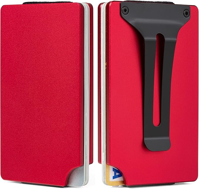 Minimalist Wallet for Men, Slim Metal RFID Blocking Wallet Credit Card Holder Money Clip & Cash Strap, Scratch-Resistant Holds 15 Cards,Ideal Gift for Men | Matt Red by Unknown