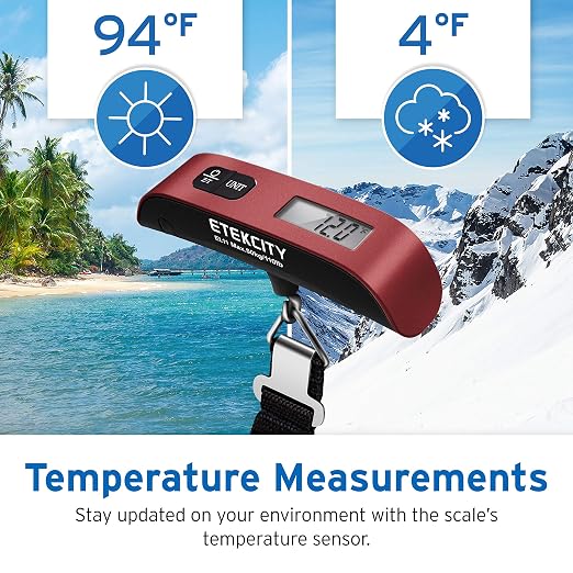 Etekcity Luggage Scale, Digital Weight Scales for Travel Accessories Essentials Suitcases , Portable Handheld Scale with Temperature Sensor, Rubber Paint, 110 Pounds, Battery Included | Travel Essentials, Air Travel, Suitcase, Hanging Hook, Rubber Grip... - Image 8