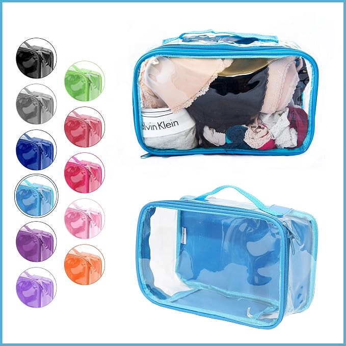Small Clear Travel Packing Cube/See Through PVC Plastic Pouch for Carry On Suitcase, Backpack or Diaper Bag/Transparent Multipurpose Accessories, Makeup & Underwear Organizer w/Handle (Turquoise) - Image 2
