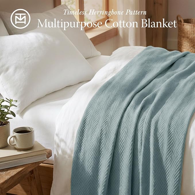 Threadmill Luxury Cotton Blankets for Twin Size Bed | All-Season 100% Cotton Twin Blanket for Bed | Herringbone Soft & Cozy Fall Thermal Blanket, 350GSM, 68x92 inches | Mist Blue - Image 2