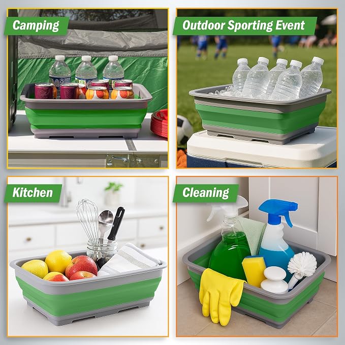 Collapsible Bucket for Cleaning 2-Pack - 7.27L Foldable Wash Bin Dish Tubs - Collapsible Wash Basin or Camping Sink Set for Beach, Tailgating or Soaking Laundry - Cleaning Supplies by Wakeman (Green) - Image 5