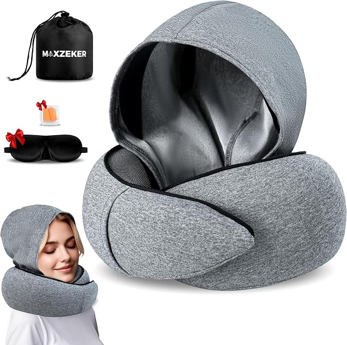 Travel Neck Pillows for Airplanes – Sleep Comfortably on Long Flights, Roadtrips, Home or Office. All-in-One Travel Sleep Kit with Hood, Eyemask and Earplugs by Unknown