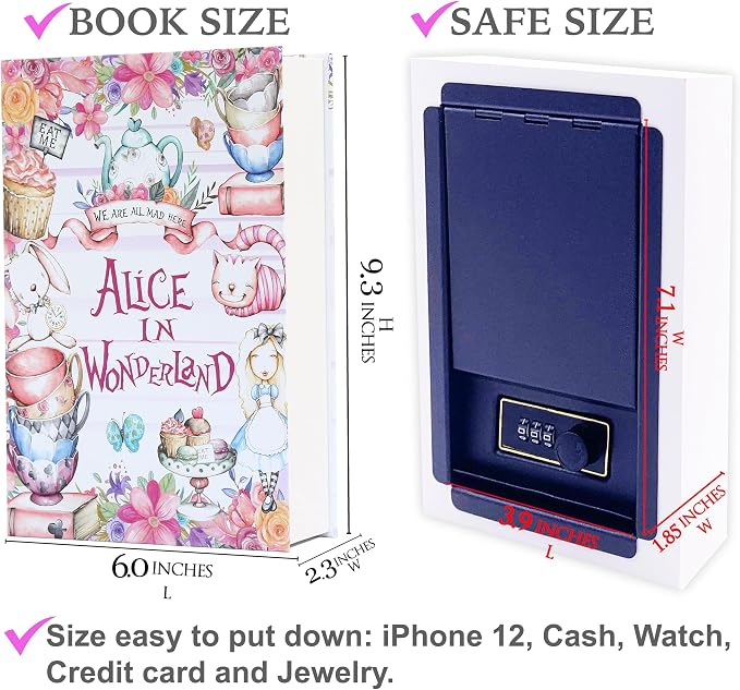 Alice in Wonderland Diversion Safe with Real Pages, Combination Book Safe | Hidden safe box and hollow storage compartment for cash money. Decorative book box stash case for passport savings. - Image 8