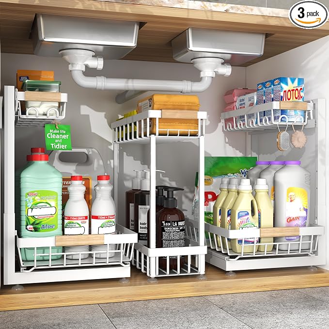 3-Pack 2-Tier Height Adjustable Under Sink Organizer, White | Multi-purpose metal storage shelf with sliding shelves for kitchen, bathroom, pantry & laundry cabinet by Sevenblue