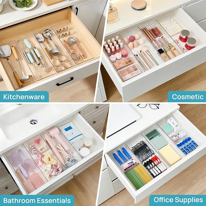 Vtopmart 4 Pack Clear Kitchen Drawer Organizer, 15x6 Inch Utensil Tray | Silverware Organizer Trays for Flatware, Cutlery and Kitchen Utensils, Large Clear Bins Create a Neat and Organized Drawer - Image 6