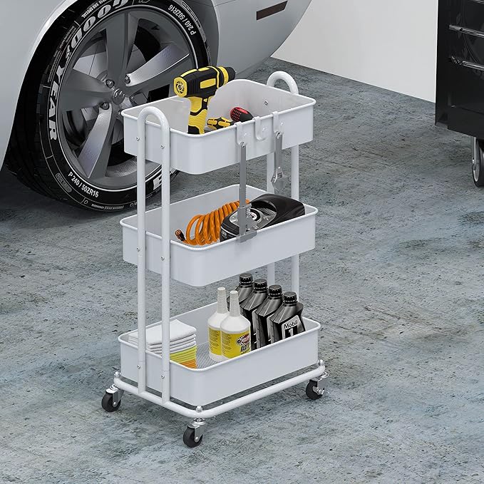Simple Houseware 3-Tier Heavy Duty Metal Utility Rolling Cart, White - Image 6