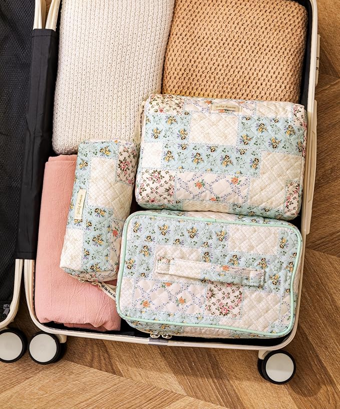 HBselect Quilted Makeup Bag, 3Pcs Cotton Large Travel Makeup Bags Organizer | Cute Floral Make up Bag Cosmetic Bag Toiletry Bag for Women Girls, Makeup Pouch for Skincare, Brushes & Travel Essentials - Image 3