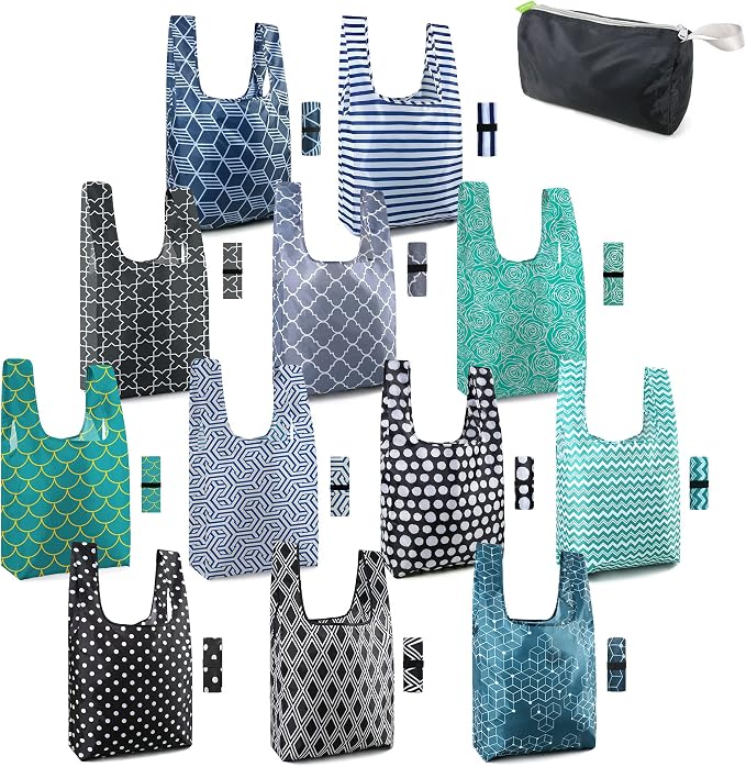 BeeGreen Reusable Foldable Shopping Totes with Handles,12 Pack Heavy Duty Polyester Fabric Geometry Grocery Bags, Large Fashion Reusable Bags for Travel & Groceries, Washable Cloth​ Bag Bulk by BeeGreen