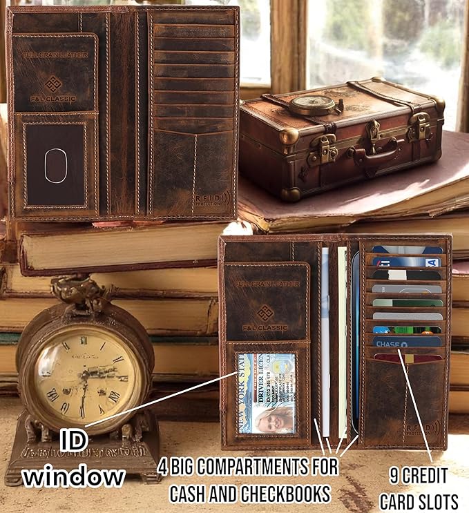 F&L CLASSIC Men's RFID Vintage Look Genuine Leather Long Bifold Wallet Checkbook Wallets,brown,240-83 - Image 4