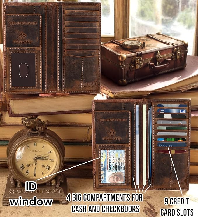 F&L CLASSIC Men's RFID Vintage Look Genuine Leather Long Bifold Wallet Checkbook Wallets,brown,240-82 - Image 3