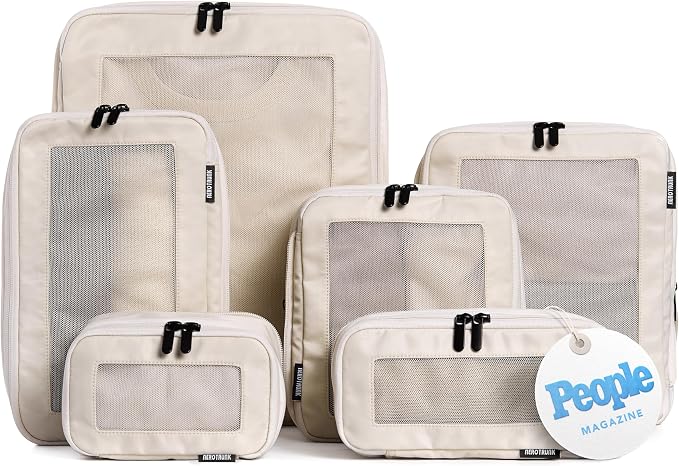 Compression Packing Cubes for Travel, 6-Pack, Beige | Solves overpacking, 6-Piece set fits most suitcases, 50% Space savings, Compression luggage organizer bags by Aerotrunk