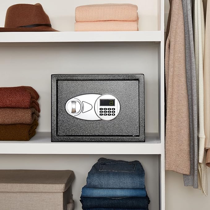 Amazon Basics Steel Security Safe and Lock Box with Electronic Keypad, Secure Documents Storage, Black, 0.5 Cubic Feet, 13.8"W x 9.8"D x 9.8"H, Removable Shelf - Image 6