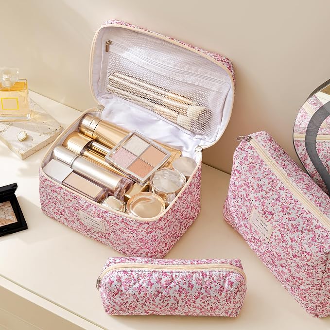 HBselect Quilted Makeup Bag, 3Pcs Cotton Large Travel Makeup Bags Organizer | Cute Floral Make up Bag Cosmetic Bag Toiletry Bag for Women Girls, Makeup Pouch for Skincare, Brushes & Travel Essentials - Image 3