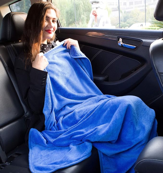 BlueHills Premium Soft Plush Travel Blanket Value Pack Set of 2 - Airplane Travel Essential Flight Blanket Throw in a case Compact Car Plane Travel Gift – Beige and Royal Blue. - Image 6
