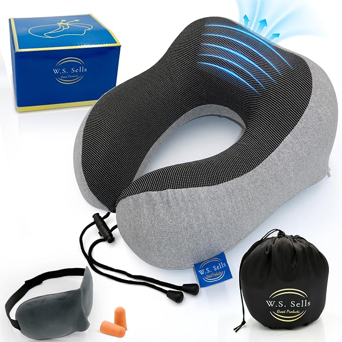 W.S. Sells Travel Neck Pillows for Airplanes - Pure Memory Foam with Ergonomic Design & Breathable Fabric - Travel Pillows for Airplanes & Cars - Set of Travel Essentials with Sleep Mask & Ear Plugs by WSSells