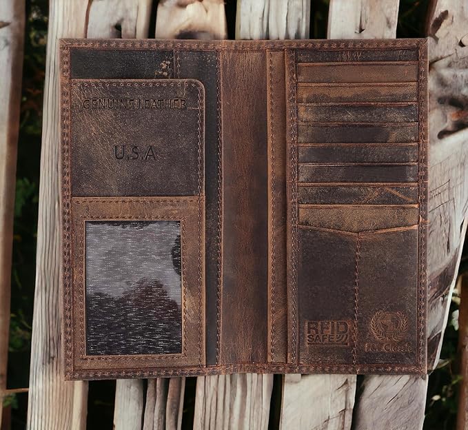 F&L CLASSIC Men's RFID Vintage Look Genuine Leather Long Bifold Wallet Checkbook Wallets,buffalo vintage leather - Image 2