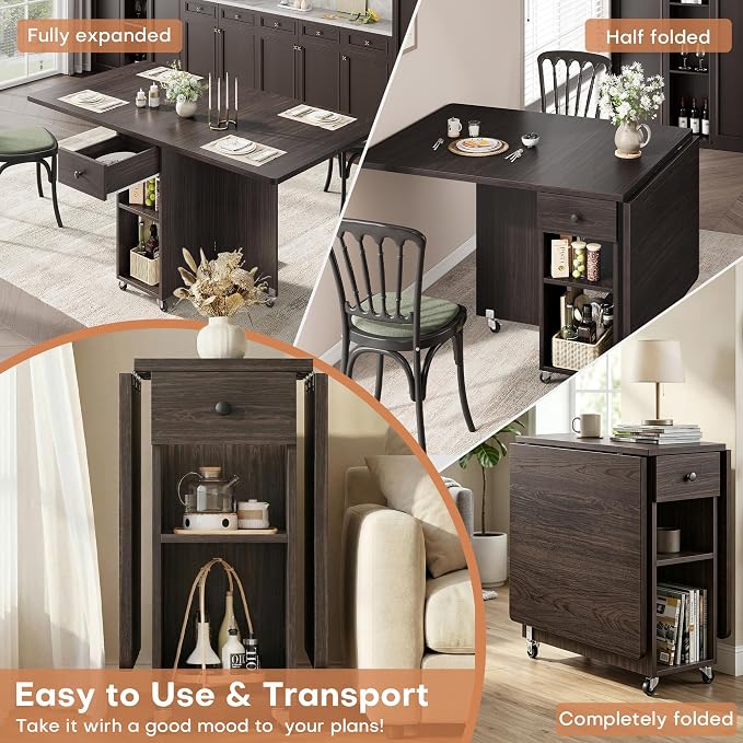 Jocoevol Space Saving Folding Dining Table for 4, Foldable Dining Table with Drawer and Storage Shelf, 6 Wheels Drop Leaf Kitchen Dining Room Table for Small Space (Walnut, 47.2" x 23.6" x 29.9") - Image 4