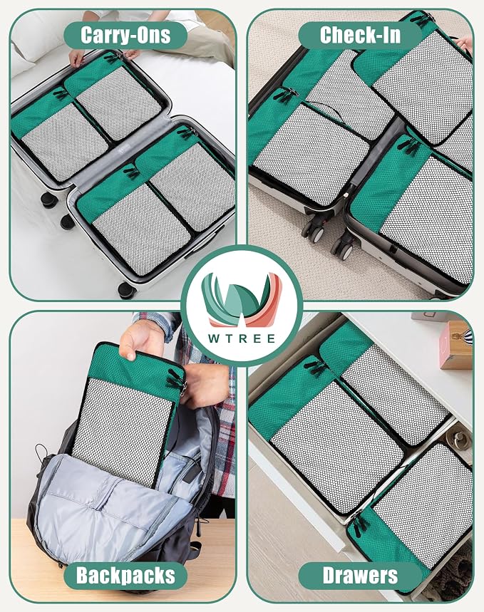 WTREE 4-Piece Packing Cubes Travel Accessories Set for Suitcases - Luggage Organizer Bags with Double Zipper - Mesh Top - Medium - Green - Image 7