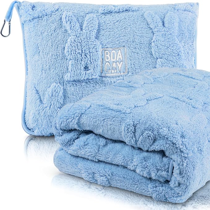 Travel Toddler Blanket for Airplane, Car - Soft Kids Throw Blanket for Daycare - Pillow for Girls, Boys with Backpack Clip, Luggage Sleeve by BOACAY