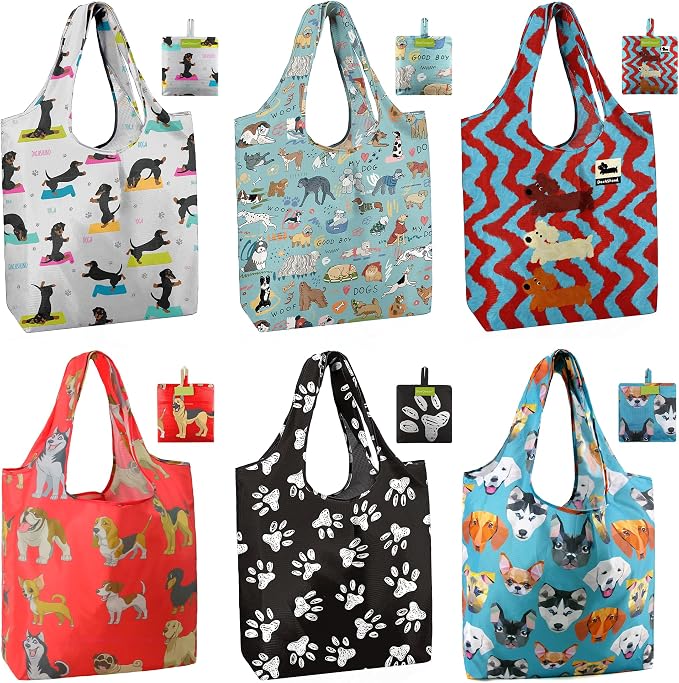 BeeGreen Dog Reusable Shopping Bags Cute Grocery Bag 6 Pack, Christmas Gift Bags Heavy-Duty Foldable Shopping Totes for Supermarket, Work & Travel, Large Washable Polyester Tote Bag with Handles by BeeGreen