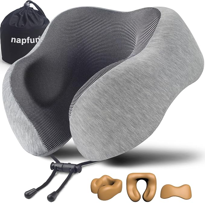 napfun Neck Pillow for Traveling, Upgraded Travel Neck Pillow for Airplane 100% Pure Memory Foam Travel Pillow for Flight Headrest Sleep, Portable Plane Accessories, Light Grey by NAPFUN