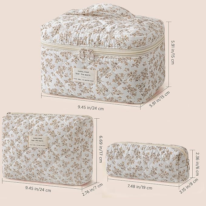 HBselect Quilted Makeup Bag, 3Pcs Cotton Large Travel Makeup Bags Organizer | Cute Floral Make up Bag Cosmetic Bag Toiletry Bag for Women Girls, Makeup Pouch for Skincare, Brushes & Travel Essentials - Image 6