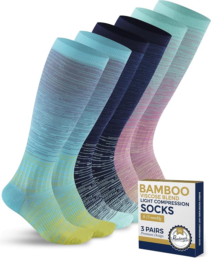 Pembrook® Bamboo Viscose Light Compression Socks - 3 Pairs | 8-15 mmhg Compression Socks | Knee High Comfort Support Socks by Pembrook