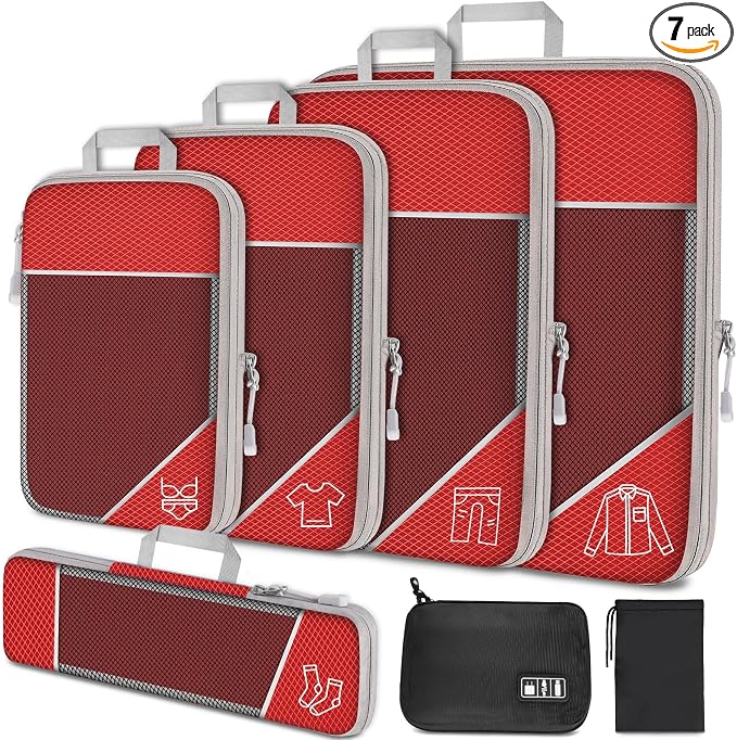 NiHome 7PCS Compression Packing Cube Set Expandable Mesh Travel Bag Luggage Organizers with Electronic Cable Cord Charger Organizer Drawstring Bag (Red) by NiHome