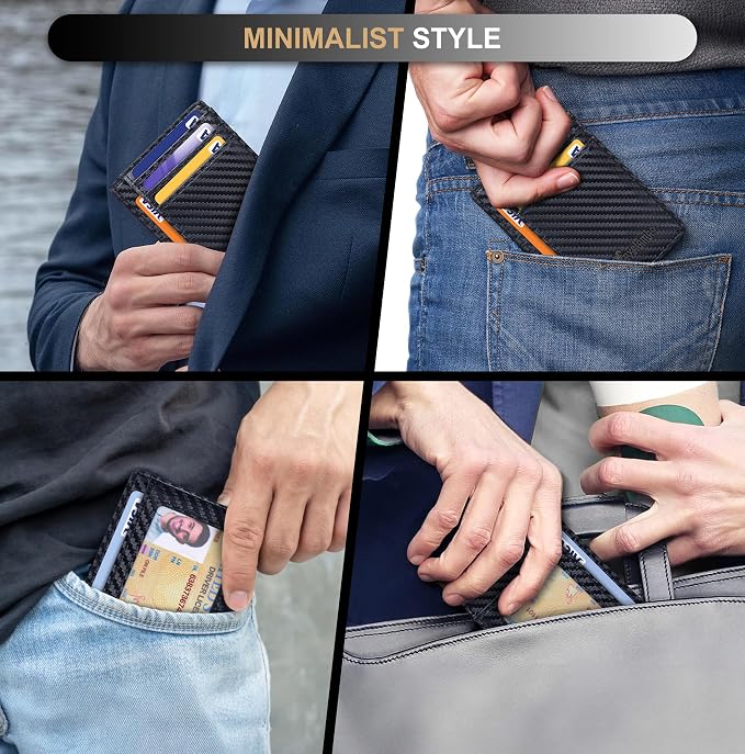 Travelambo Slim Wallet Front Pocket Minimalist Leather RFID Blocking Medium Size (Carbon Fiber Black) - Image 8