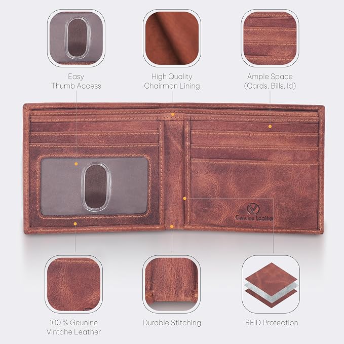 VALENCHI Genuine/Real Leather Bifold Wallet For Men - RFID Blocking/Protected Men's Slim Wallet - Christmas Gifts For Men (Cognac Vintage BF01) - Image 3