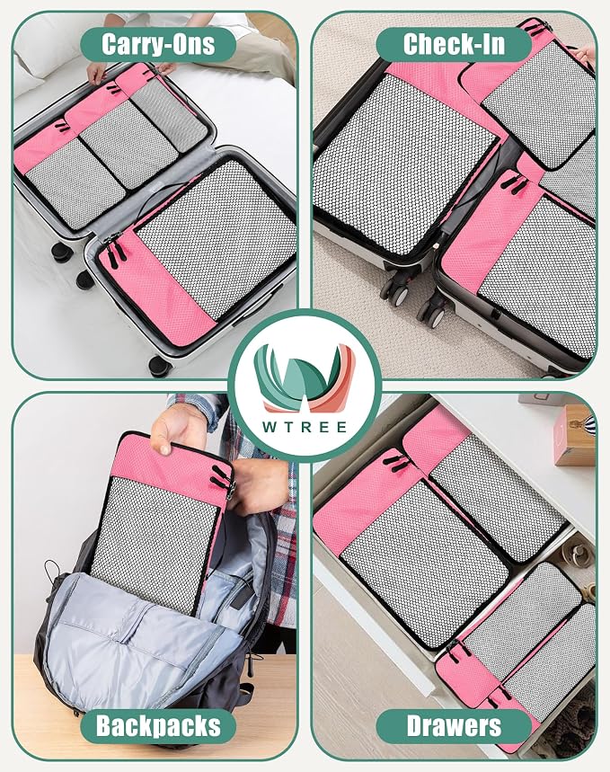 WTREE 4-Piece Packing Cubes Travel Accessories Set for Suitcases - Luggage Organizer Bags with Double Zipper - Mesh Top - Small/Medium/Large/Slim - Pink - Image 7