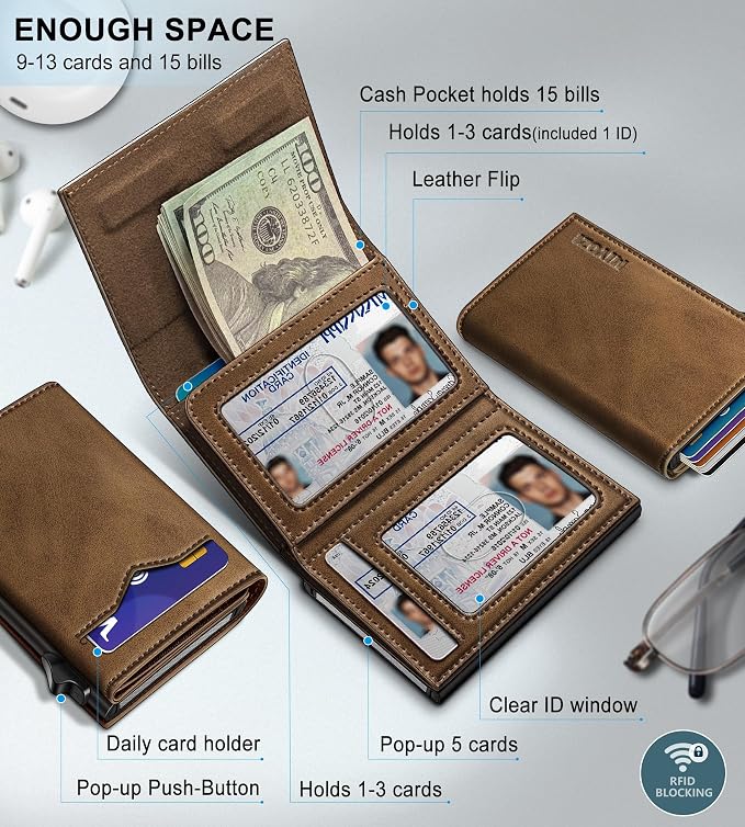 Wallet for Men,with Cash Pocket 2 ID Window 9-13 Cards,Metal Case Smart Slim Pop Up Credit Card Holder Flip with Magnetic Closure RFID Blocking Trifold wallet with Gift Box - Image 2