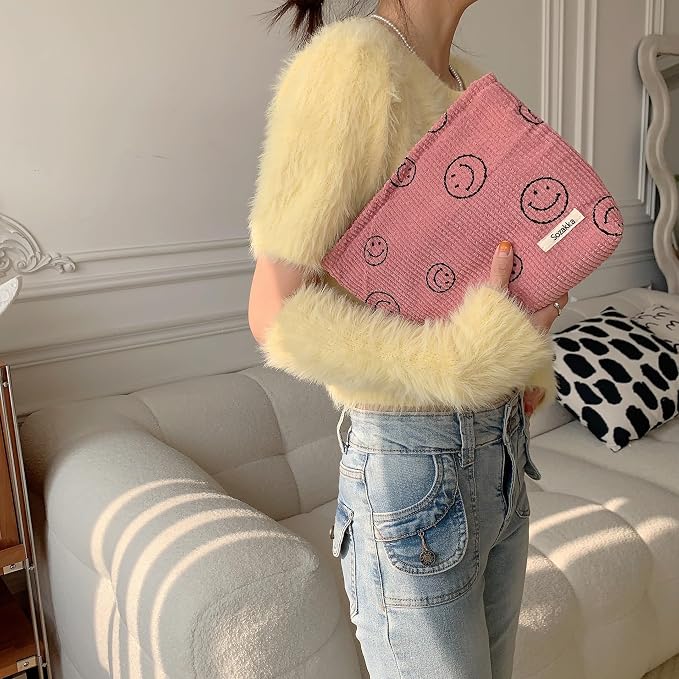 Cosmetic Bags for Women - Corduroy Cosmetic Bag Aesthetic Women Handbags Purses Smile Dots Makeup Organizer Storage Makeup Bag Girls Case Bags (A-Pink) - Image 3