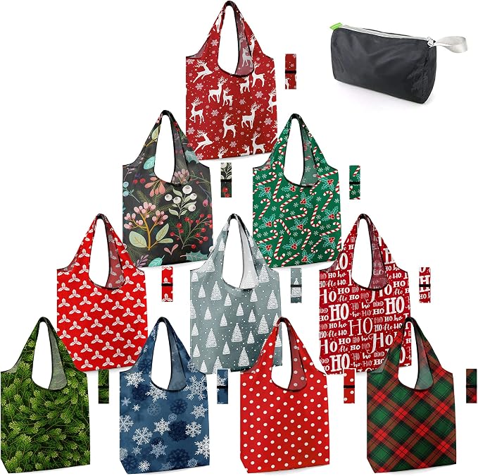 BeeGreen Christmas Reusable Grocery Bags 10 Pack Reusable Shopping Bags Bulk Christmas Gifts Tote Bags with Zipper Storage Pouch Elastic Band Foldable-Machine Washable by BeeGreen