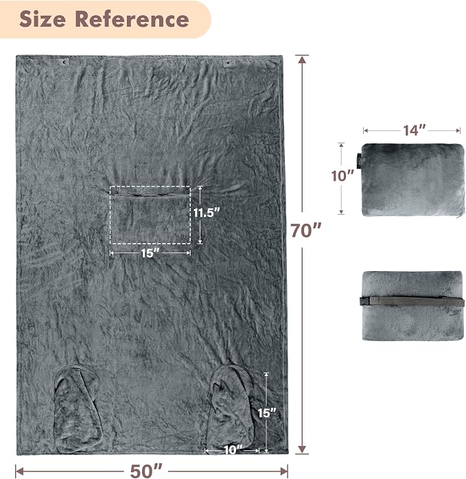 Tirrinia Travel Portable Blanket with Feet Pocket Airplane Office Poncho 4 in 1 Zippered Front Pocket Premium Cozy Fleece Blankets with Built-in Bag - Image 7