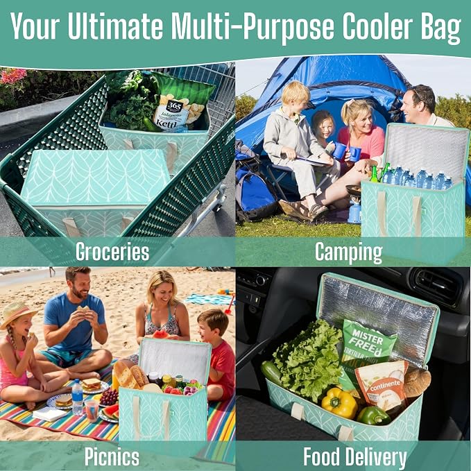 VENO 3 Pack Insulated Cooler Bag Reusable Grocery Bag for Food Delivery | Heavy Duty Large Collapsible Cooler Shopping Tote w/ Zippers, Foldable, Stands Upright for Camping Picnic(Evergreen, 3 Pack) - Image 5