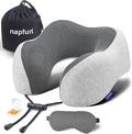 napfun Neck Pillow for Travel with Travel Pouch, Sleep Mask & Earplugs, Memory Foam Airplane Pillow for Headrest Sleep with Eyeshades, Plane Essentials with Eye Blindfold, Light Gray Kit by NAPFUN